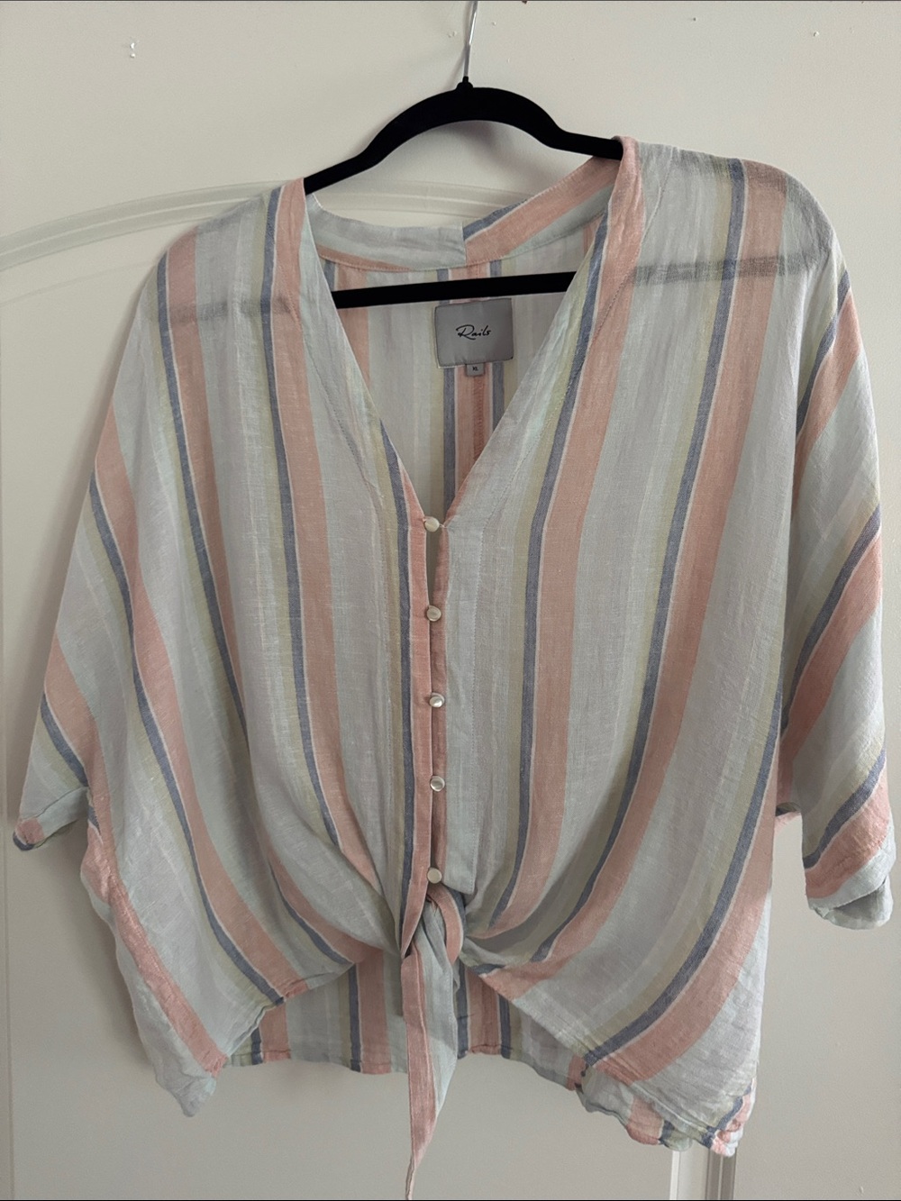 Rails Striped Button-Down Tie-Front Shirt in Pink, Blue & White